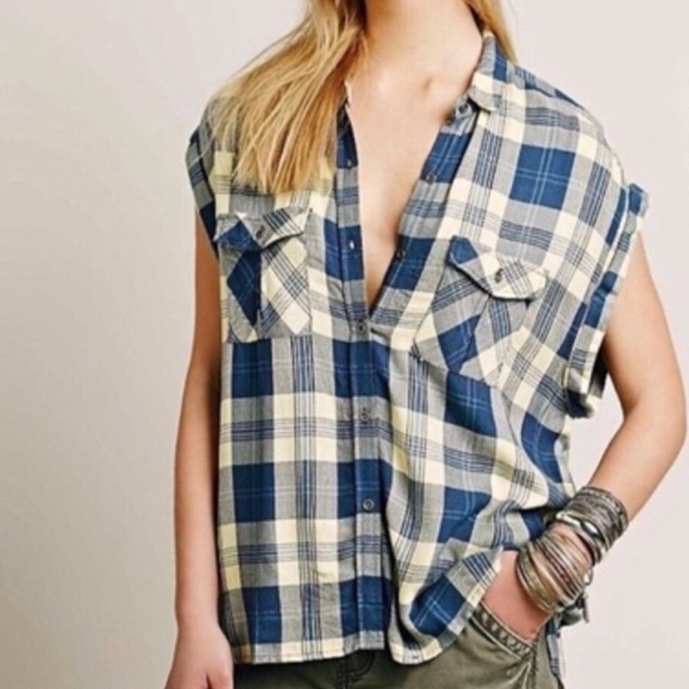 Rails x FP Plaid Yellow/Blue Oversized Flannel XS